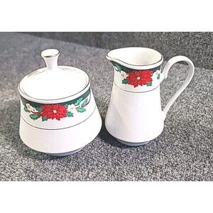 Vintage 3 Pc Tienshan Crown Ming Deck the Halls Cream & Sugar Set  Christmas